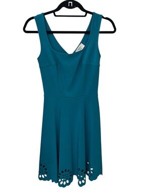 Mystic Teal A-Line Sleeveless Dress S scalloped hem sleeveless floral cutout